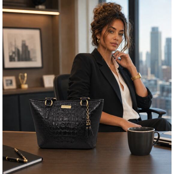 Brahmin Handbags - Brahmin Black Croc Embossed Leather Tote Bag Gold Tassel Shoulder Purse